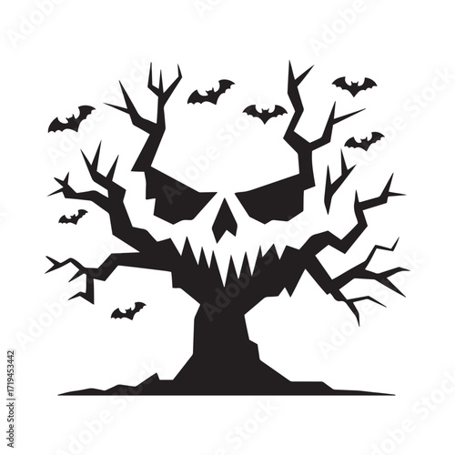 Spooky Halloween Tree with a Skull Face and Flying Bats Vector Graphic