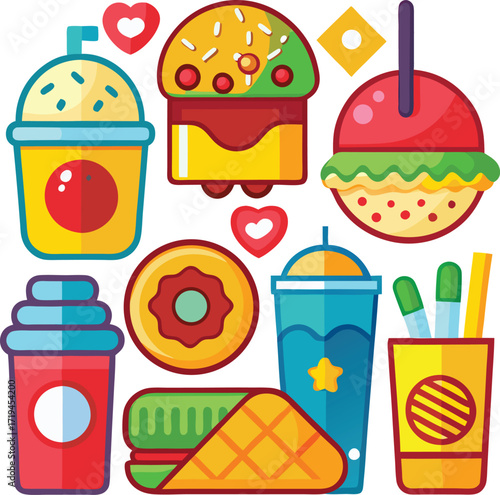 Colorful cartoon fast food collection featuring burgers smoothies donuts and fries for delicious food graphics