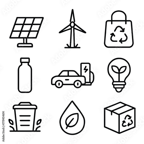 Sustainable living eco-friendly icons set solar wind power recycling energy efficiency 