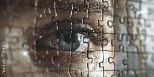 A woman's eye is visible through a puzzle piece.