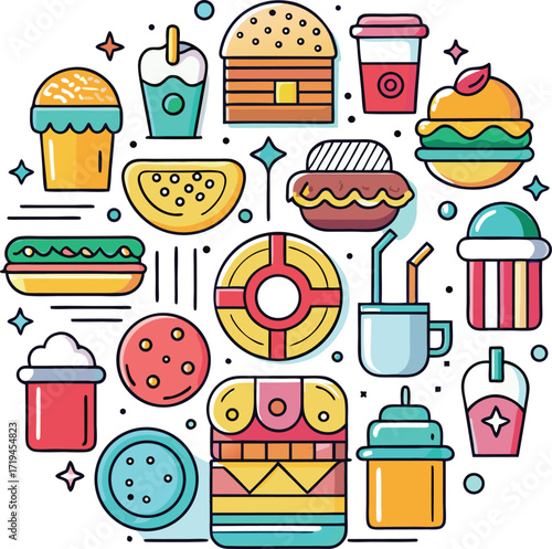 Vibrant collection of delicious fast food and sweet treats icons arranged in a circular pattern for design projects