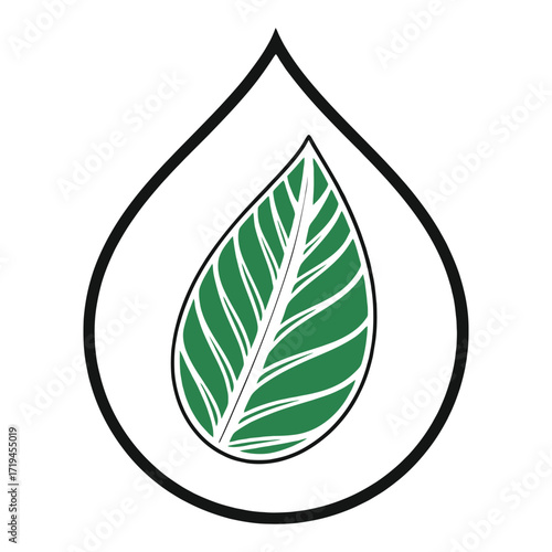 Green leaf inside water drop icon symbolizing sustainable living and eco-friendly practices 