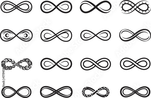 Infinity symbols collection, abstract loop icons, endless design elements, eternity sign illustration, decorative swirls, vector pattern, tattoo style, graphic art