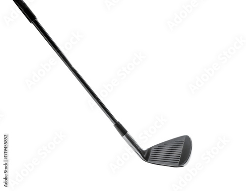 Sleek, dark-grey golf iron with a graphite shaft, angled slightly downward, showcasing its grooved clubface and precise design