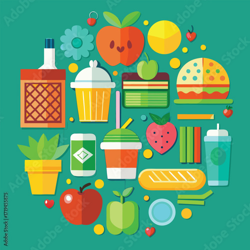 Healthy and unhealthy food choices circle design vibrant flat icons representing balanced diet and junk food