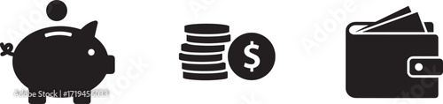 Piggy bank icon, money coins symbol, wallet illustration, finance savings vector, banking investment design, economy budget, cash payment graphic