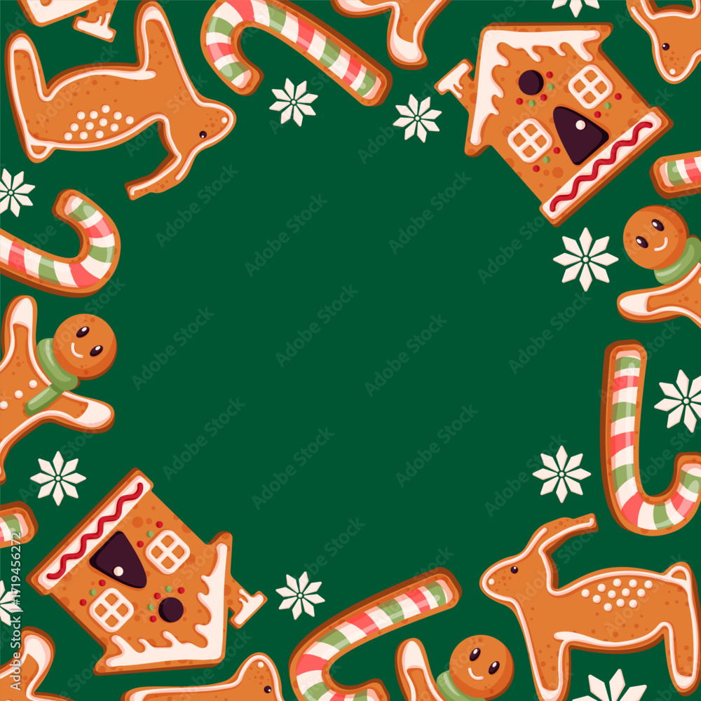 Fototapeta premium Christmas gingerbread cookie frame with man, candy cane, reindeer, house and snowflake on green background. Cartoon illustration for holiday packaging, winter seasonal menu, festive card design.