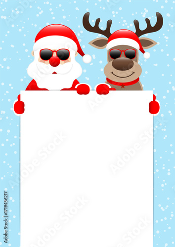 Weihnachtsmann Und Rentier Sonnenbrille Halten Poster Schnee Hellblau