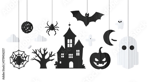 Halloween cut-out design featuring spooky elements in minimalist silhouette style, isolated on transparent background 