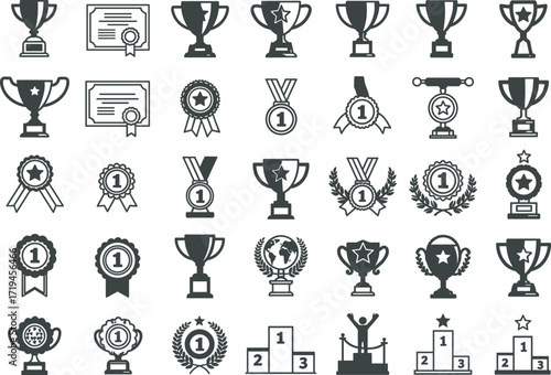 Trophy icons collection, award medal symbols, certificate illustration, championship prize design, achievement vector, victory celebration, winning competition, success recognition elements