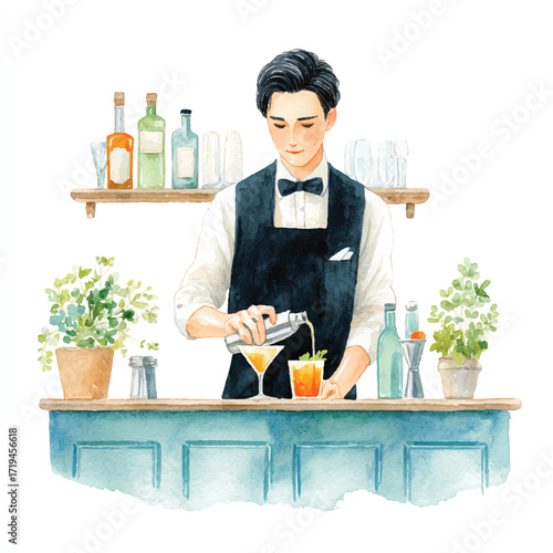 Bartender mixing a cocktail at a bar counter.