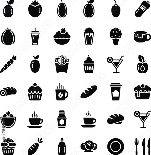 Collection of food and drink icons in silhouette style
