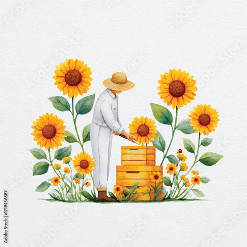Beekeeper tending to beehives amidst sunflowers, a scene of rural harmony.