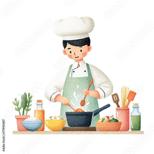 A young chef cooking in the kitchen.