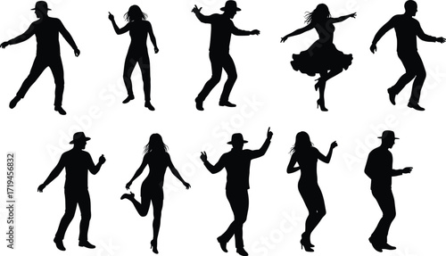 Dance silhouettes, diverse movement illustration, black and white design, cultural performance art, expressive body posture, rhythm concept, modern style, decorative figure