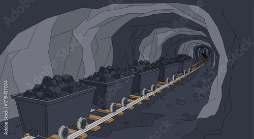 Coal mine carts on a railway track inside a dark tunnel.