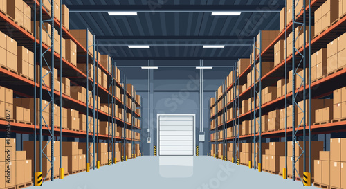 Warehouse Interior with Rows of Shelves and Boxes.