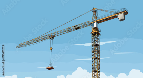 Construction Crane Lifting Heavy Load Against Blue Sky.
