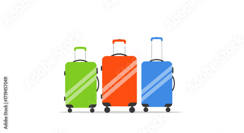 Three colorful suitcases lined up for travel.