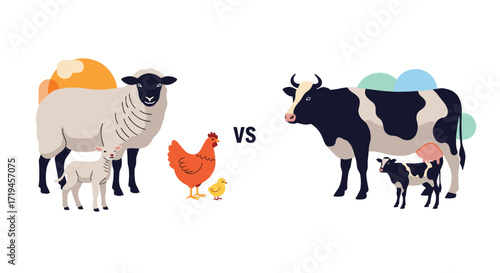 Farm Animals Versus Comparison Sheep Cow Chicken Livestock.