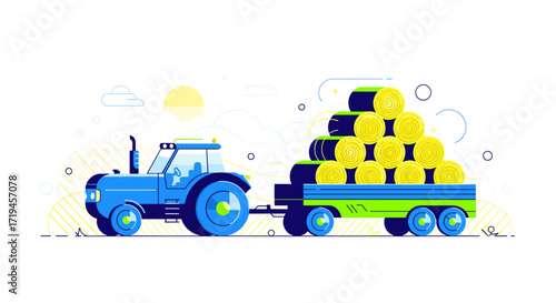 Blue tractor pulling a trailer full of hay bales.