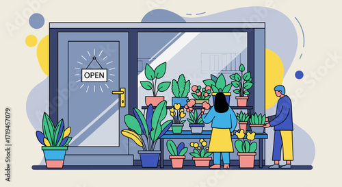 People tending to plants outside a flower shop with an open sign.