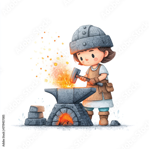 Adorable cartoon blacksmith character working at a forge with an anvil.