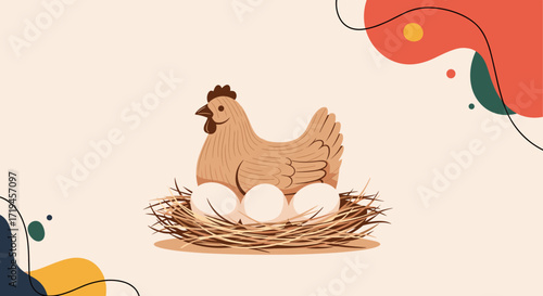 Chicken sitting on eggs in a nest illustration.