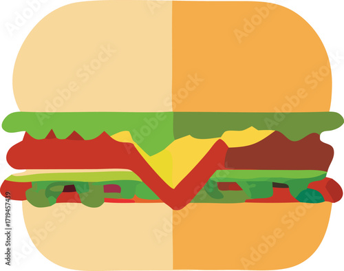 Delicious burger graphic with toasted bun cheese patty and fresh salad elements for food branding and advertising