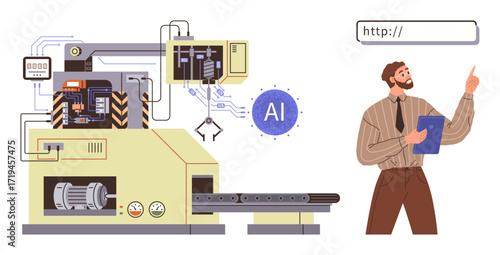 Factory worker evaluates advanced AI-powered manufacturing machine with conveyor. Ideal for technology, automation, industry 4.0, AI, robotics, innovation professional roles. Simple flat metaphor