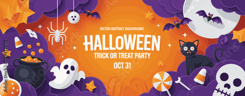 Halloween party illustration, bats ghosts candy cauldron skulls potion bottle moon festive orange purple background, trick or treat vector design