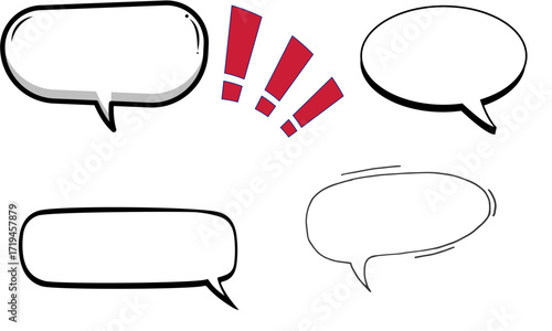 A collection of various hand-drawn comic style speech bubbles and red exclamation marks, isolated on a white background.