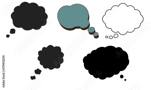 A collection of five thought bubbles in various styles and colors, including solid black, a teal-shaded bubble, and an outline bubble.