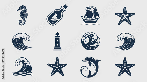Elegant nautical icons featuring seahorse, message in a bottle, sailing ship, starfish, waves, lighthouse, and dolphin for branding, logo design, and coastal themed projects, a delightful ocean set