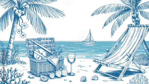 Escape to paradise with this inviting beach scene featuring a picnic basket, wine, and tranquil sailboat on the horizon, perfect for summer vibes and relaxation inspiration