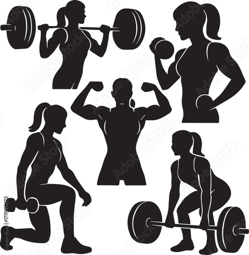 Weightlifting exercise silhouettes vector illustration in black and white with squat, curl, lunge, deadlift and flex poses for fitness and gym themes