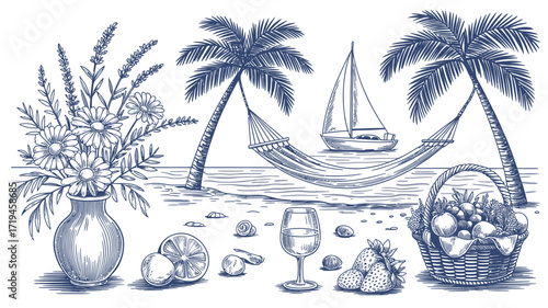 Escape to paradise with this dreamy tropical beach scene featuring palm trees, a hammock, a sailboat, flowers, and a fruit basket, perfect for vacation vibes and summer getaways
