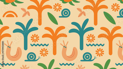 Playful tropical motif featuring whimsical snails, stylized palm trees, and cheerful flowers in a seamless repeat pattern suitable for vibrant textiles and eye-catching designs