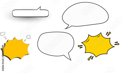 A collection of five diverse comic-style speech bubbles, including simple ovals and explosive yellow starbursts for dialogue and exclamations.