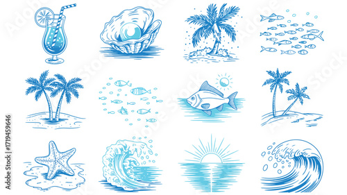 Dreamy beach vacation vibes with tropical cocktails, palm trees, ocean waves, and sea life, perfect for travel blogs, summer promotions, and coastal decor, bringing a refreshing summer feeling
