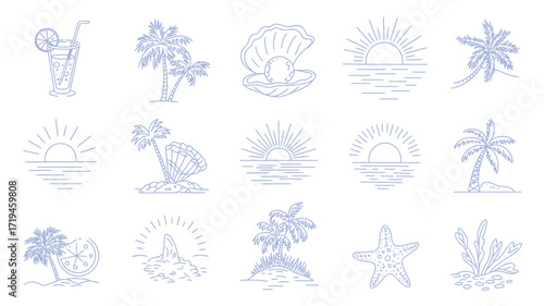 Tropical vacation line art icons featuring palm trees, sunrises, refreshing drinks, and seashells for summer vibes, ideal for travel blogs, beach resorts, and vacation promotions