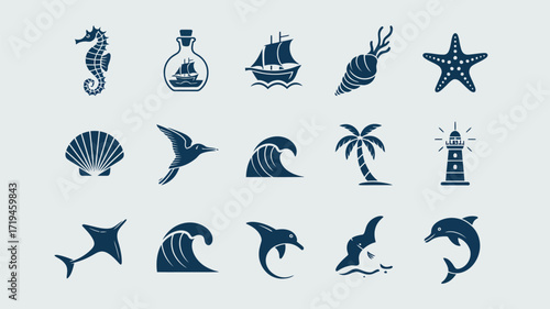 Coastal adventure awaits with this stunning collection of nautical icons featuring a seahorse, ship in a bottle, sailboat, seashell, starfish, and more, perfect for summer designs