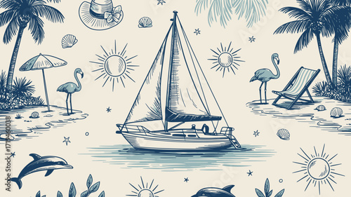 Dreamy tropical vacation illustration for summer vibes, sailing adventure, or beach getaway design, with flamingoes, palm trees, dolphins, and a sailboat for sunny relaxation