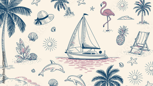 Dreamy tropical island escape with sailboat, palm trees, and playful dolphins, perfect for summer vacation vibes and coastal living inspiration, a relaxing nautical adventure