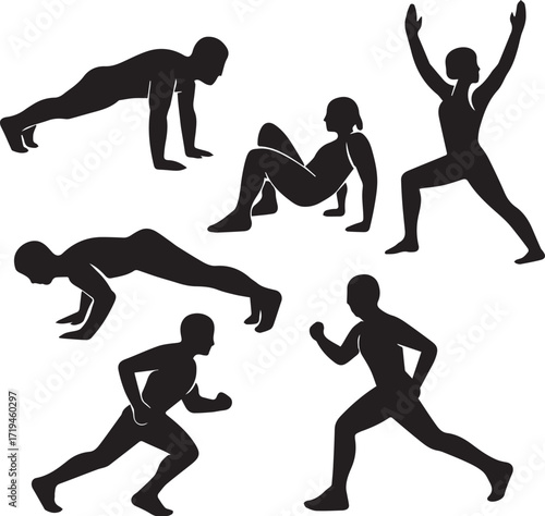 Exercise silhouette sequence vector illustration in black and white with plank, push-up, yoga, crab dip and running poses for fitness and wellness themes