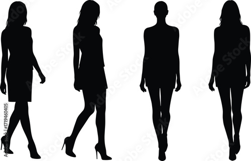 Fashion model silhouettes, women in short dresses, stylish posture illustration, black and white design, runway art, chic clothing, modern style, decorative figure, minimal fashion, elegant stance