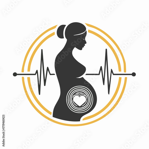 Pregnant woman silhouette with heartbeat symbol inside the belly.