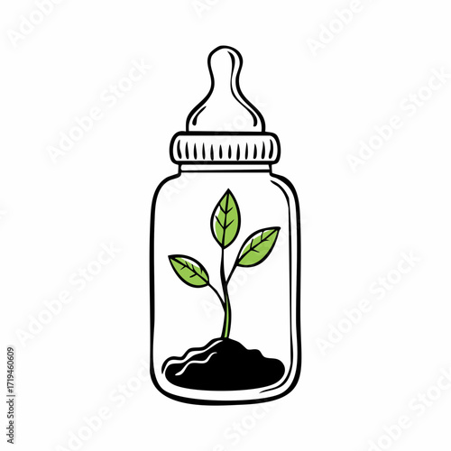 Baby bottle with a small plant inside nurturing growth sustainable living environmental awareness eco-friendly concept healthy lifestyle.