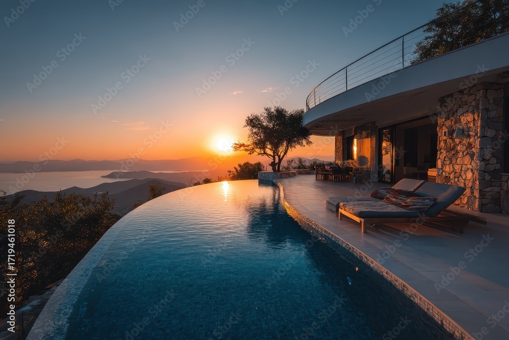 Fototapeta premium Luxury villa with infinity pool overlooking mountains during a vibrant sunset. Ideal for travel, real estate, or aspirational lifestyle marketing concepts.