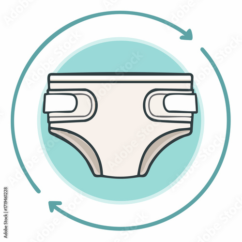 Baby diaper with circular arrows indicating reuse or cycle.